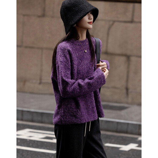 Demana Winter Dopamine Velvet Feel Fancy Wool Circle Sweater Lazy Loose Feeling Knitted Sweater Women's Top Eggplant Purple S