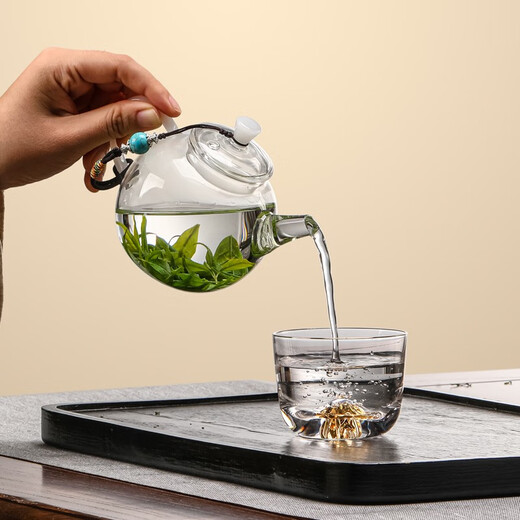 Gaoming (gaoming) small teapot for one person, special tea brewing device for green tea, small capacity transparent glass Kung Fu tea single pot, hand-held tea set, 255ml celestial ball teapot + turquoise teapot rope