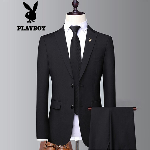 Playboy Business Suit Suit Men's Suit Men's Suit Formal Wear Work Professional Wear Men's Wedding Groom Groomsman Dress Black Two-Button Suit+Trousers+Shirt+Gift Bag XL