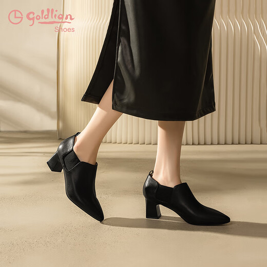 Goldlion Women's Shoes Cowhide Mid-Heel Ankle Boots Commuting High Heels Pointed Toe Thick Heels Deep Mouth Single Shoes Women G661340089 Black 36