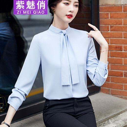 Purple Charming Women's Shirt White Long Sleeve Float Collar Professional Formal Shirt Fashion Korean Style Casual Work Wear (Off Shelf) Blue L