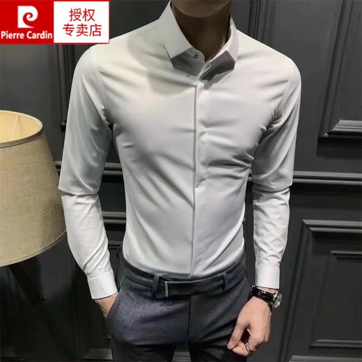 皮尔卡丹（pierre cardin）春夏男士衬衫长袖韩版商务暗扣衬衣潮高端修身高级正装免烫中青年 白色 L