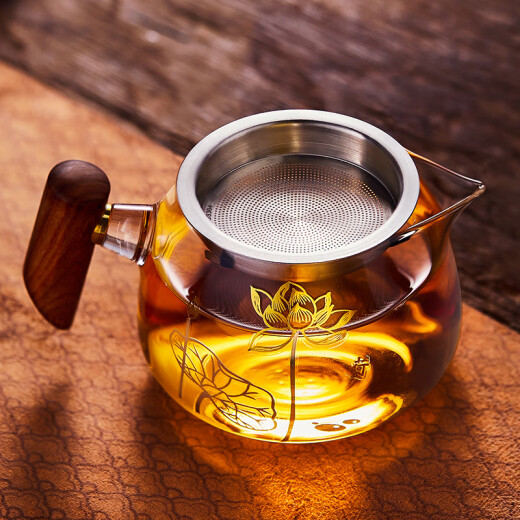 Yaji glass fair cup with stainless steel filter tea drain set wooden handle lotus gold and silver tea dispenser 360ml