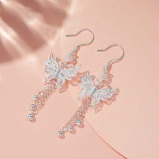 Lipan 999 pure silver earrings, silver earrings, sterling silver earrings, butterfly tassel filigree, Chinese Valentine's Day gift for girlfriend, butterfly tassel earrings, copper-plated silver style + gift box (exquisite gift box)