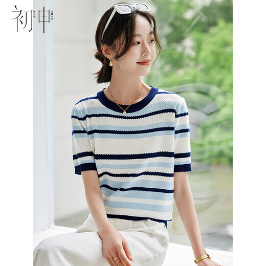 初申短袖T恤女时尚百搭圆领撞色条纹薄款针织冰丝上衣S144T1713