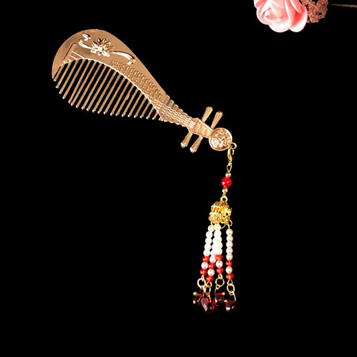 Wanbaozi Ancient Style Pipa Hair Comb Tassel Tang Style Long Tassel Hairpin Hanfu Ancient Costume Hairpin Hairpin Ming Made Hair Accessories Gold and Red Beads + Earrings (K29+K10)