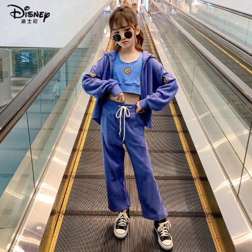 Disney Children's Clothing Girls Autumn Suit Children's Internet Celebrity Fashion 20 New Korean Style Fashionable Big Children's Clothing Girls Sports Clothes Trendy [Same Style in Shopping Malls] Blue Jacket + Vest + Wide Leg Pants 170cm