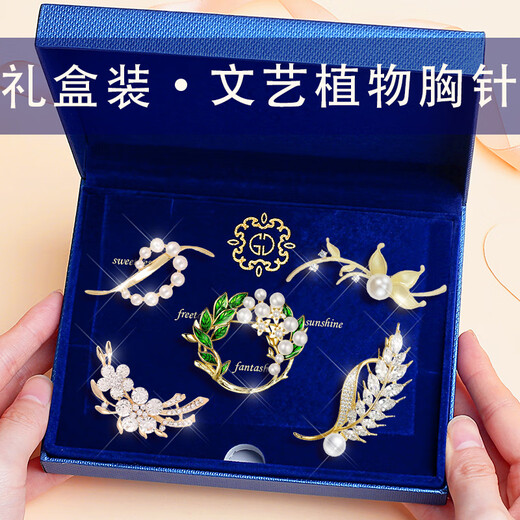 Ancient brooch, high-end ladies light luxury corsage gift box, exquisite niche pin buckle, birthday gift for ladies, practical T328 literary and fresh brooch 5-piece set
