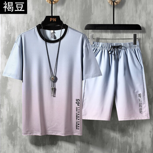 Brown bean short-sleeved t-shirt men's trendy brand 2021 new summer loose gradient couple clothes + pants Korean style trendy men's summer casual sports suit ice silk men's short-sleeved 006 light gray suit XL (recommended about 130-145Jin [Jin is equal to 0.5 kg])