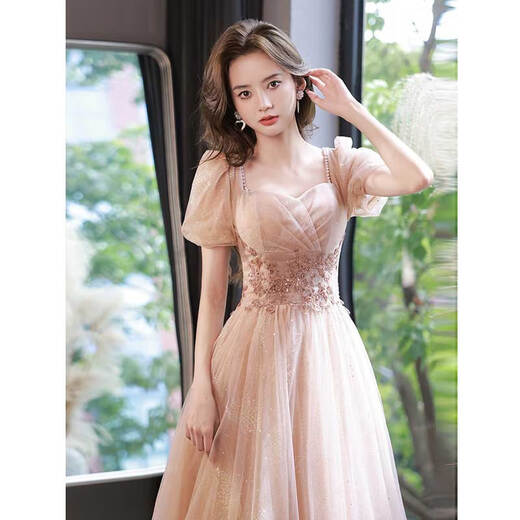 Seidler French evening dress 2025 new style light luxury niche high-end banquet host bel canto solo singer female light nude pink long XXL (recommended 126-135 Jin Jin equals 0.5 kg)