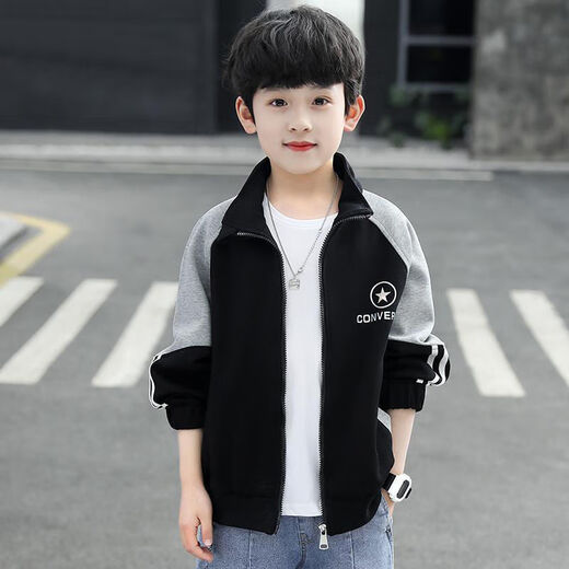 Ainolun boys' thin coat 8-12 years old primary and secondary school students, middle and large children's clothing boys primary and secondary school students autumn clothing season sky tops casual outing clothing fashionable baseball uniform sportswear comfortable black round label jacket 150 size recommended height 140 cm
