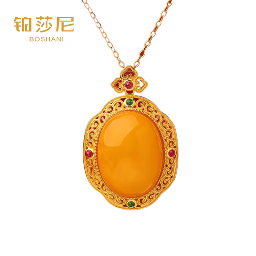 Boshani Beeswax Pendant Women's Amber Sterling Silver Necklace Niche New Chinese Style National Style Mother's Birthday Gift Wealth and Peace Pendant + Silver Chain