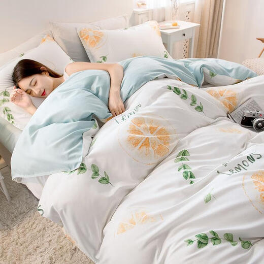 Bedding quilt cover quilt cover sheet 1.2m bed three-piece set spring and autumn brushed quilt washed cotton bedding blue gray type A washed cotton-new style 1.8m bed four-piece quilt cover 1.8*2.0m