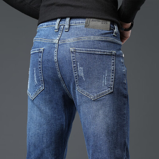 Jeanswest Wang Yibo endorses jeans for men in autumn and winter new style Tencel comfortable slim straight high-end trendy casual pants for men dark blue Tencel thick section 33 yards (2 feet 6) recommended 140-150 Jin Jin equals 0.5 kg