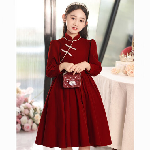 Disney girls princess dress new velvet autumn and winter children's red cheongsam style dress New Year skirt dress red velvet style velvet lining 120