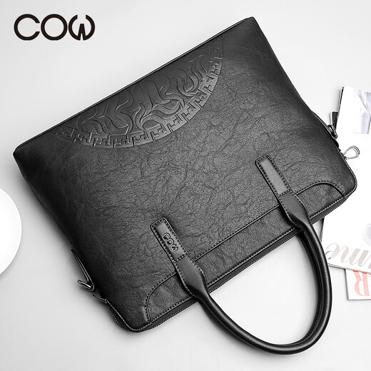 
French COW briefcase men's shoulder bag men's handbags fashion business large capacity single shoulder crossbody computer bag C-9898 black