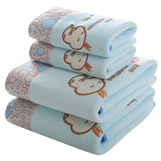 Shantou Lincun bath towel, which absorbs more water than pure cotton, adult men and women face wash household quick-drying swimming three-piece set without lint blue flow rabbit set (1 bath towel + 1 towel) 70x140cm
