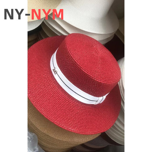 NY-NYM webbing M label straw hat for women summer British retro flat top fresh top hat sun protection beach hat white M (56-58cm)