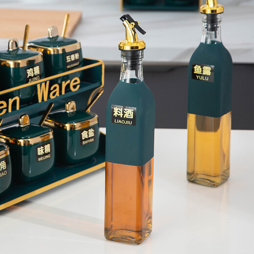 Zhengye kitchen seasoning box seasoning utensil set household oil pot oil bottle ceramic seasoning jar oil salt sauce vinegar storage rack green glazed square jar 15-piece set