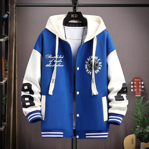 Gangti Bay Jacket Men's Baseball Jacket Men's Velvet Thickened Hooded Jacket Autumn and Winter Sports Trendy Handsome Teen Clothes Black (Earth) XL 120-140Jin Jin is equal to about 0.5 kg