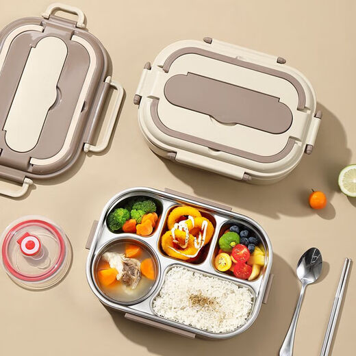 Stainless steel lunch box for high school and junior high school students, large-capacity tableware lunch box for office workers, five compartments + tableware + bowl + insulation bag, beige