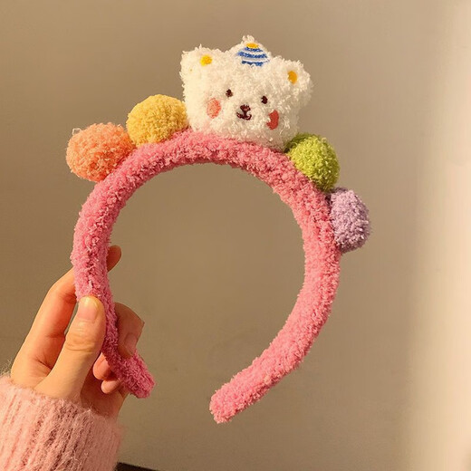 Plush Bear Face Wash Headband Women's High Head Pressure Hair Mask Special Headband Hair Accessories 2025 Winter New Style Rose Red