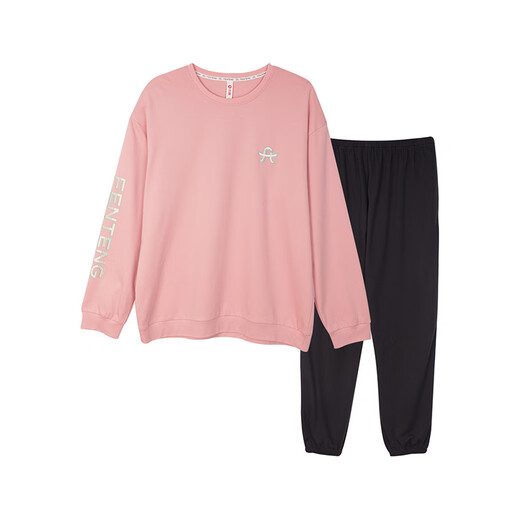 Fenton Couple's Pajamas Fan Chengcheng's Same Style Star's Same Style Round Neck Cotton Antibacterial Sweatshirt Style Homewear Set Same Style for Men and Women - Pink XL