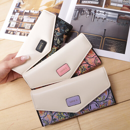 Kangaroo (KANGAROO) Korean style small floral diamond contrast envelope buckle women's wallet long wallet clutch bag wallet blue