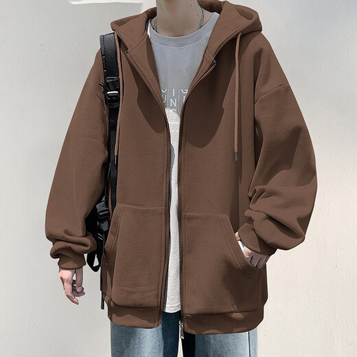 Baiqueting Jacket Men's 2025 Autumn and Winter American Fashion Brand Hooded Cardigan Jacket Men's Teen Fashion Velvet Sweatshirt Men's Apricot XL