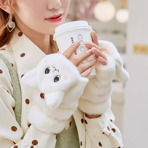 Demi Anissa Gloves Women's Winter Cute Plush Kitten Girly Style Korean Style Versatile Student Fingerless Gloves Dual-Purpose Autumn and Winter Thickened Warm Cartoon Flip Half Finger Gloves Cat White Flip Style