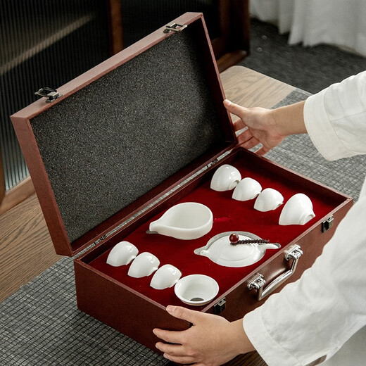 Gold inlaid jade Kung Fu tea set, mutton fat jade porcelain teapot, white porcelain ceramic tea cup, tea making set, gift box, Hibiscus Xishi tea set