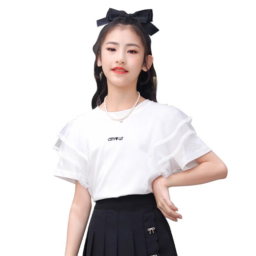 
Ikano I.KARNOW summer white children's top lace lace girl T-shirt pure cotton princess big children's half-sleeved summer girl short-sleeved trendy t 9955 white + 9922 white 170