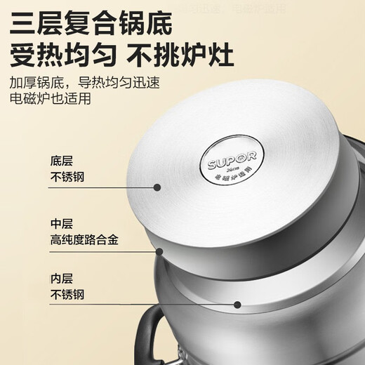 SUPOR steamer, double-layered bottom stainless steel pot, two-layer steamer, 26cm fish steamer, two-layer soup pot, universal gas induction cooker, diameter 26cm