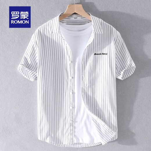 Camisa rayada para hombres Lomon Manija corta Summer suelta delgada japonesa casual de algodón versátil ropa de verano ropa de hombre 9740 negro m