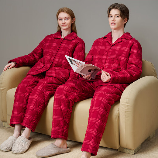 American Standard Couple Three-Layer Thickened Padded Pajamas Set for Women Autumn and Winter Red Wedding Pure Cotton Plaid Home Clothing for Men Cherry Red (Male) XL