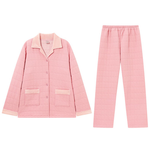 Darli three-layer air cotton quilted pajamas for couples autumn and winter pure cotton long-sleeved men and women warm thick sandwich home wear set T8235105-065-medium pink female XL