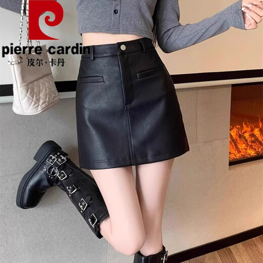 Pierre Cardin small fragrant style pu small leather skirt for women autumn and winter style fat m girl high waist slim versatile skirt a line hip-covering short skirt coffee color XL recommended 115-125Jin Jin is equal to 0.5 kg