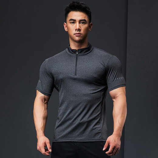 Lutie Dog Fitness Wear Short Sleeve Men's Stand Collar POLO Slim Fit Muscle Showing Quick Drying Breathable High Elasticity Coaching Wear T-Shirt Black XXXL