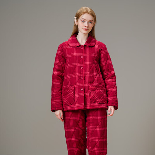 American Standard Couple Three-Layer Thickened Padded Pajamas Set for Women Autumn and Winter Red Wedding Pure Cotton Plaid Home Clothing for Men Cherry Red (Male) XL