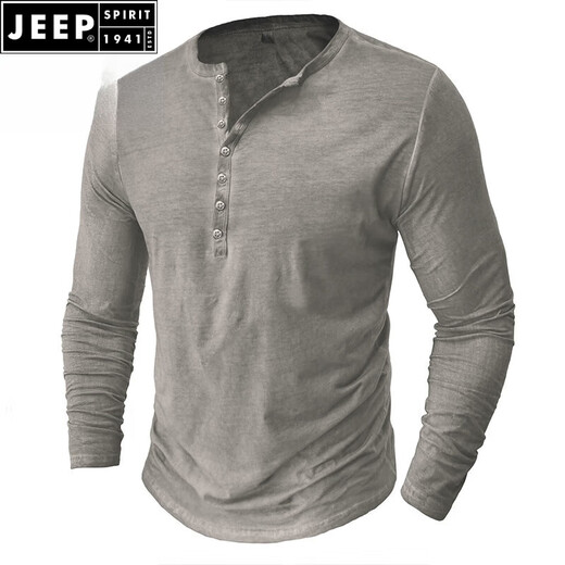 JEEP SPIRIT European and American men's distressed henley shirt retro long-sleeved T-shirt large size men's button washed distressed bottoming shirt top light gray 2XL (185-205Jin Jin equals 0.5 kg)