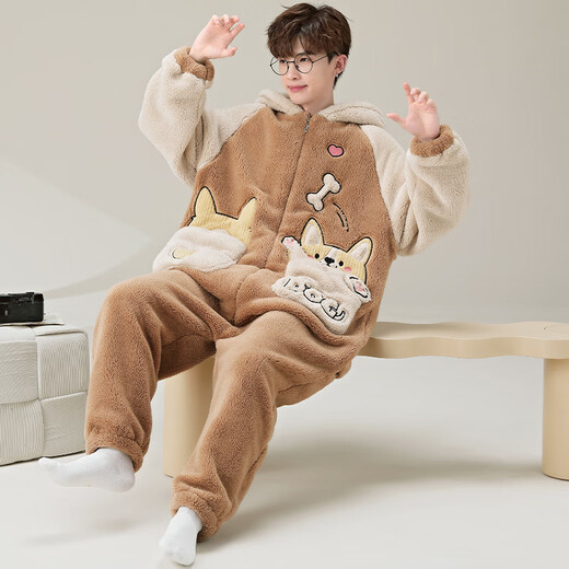 少年情话睡衣男秋冬款加绒加厚珊瑚绒带帽冬天休闲家居服套装可外穿连体衣 YPF3893哈士奇 男L(100-135斤)