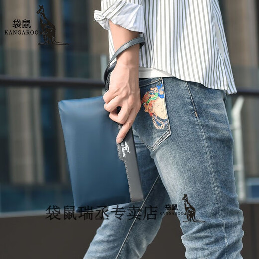 袋鼠男士手拿包手包男帆布2023新款商务休闲尼龙牛津布手拿包夹包钱包 魅力蓝色男手拿包jd