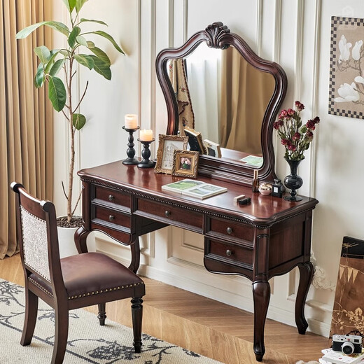 One-to-one American solid wood dressing table, all solid wood golden teak retro dressing table, bedroom storage dressing table, golden teak dressing table + makeup stool (with makeup mirror)