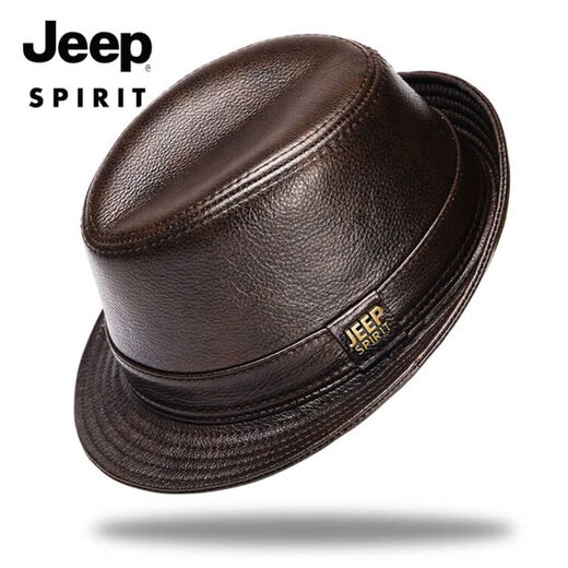 JEEP SPIRIT genuine leather top hat men's retro casual British jazz hat middle-aged and elderly father's hat cowhide beach hat old man hat dark brown medium size XL (57-58cm) adjustable