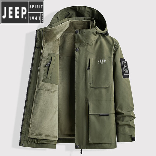 JEEP SPIRIT Jeep Jacket Men's Winter Three-in-One Detachable Charge Windbreaker Plus Velvet Thickened Warm Loose Casual Jacket Army Green 3XL Recommended 150-165Jin Jin equals about 0.5 kg
