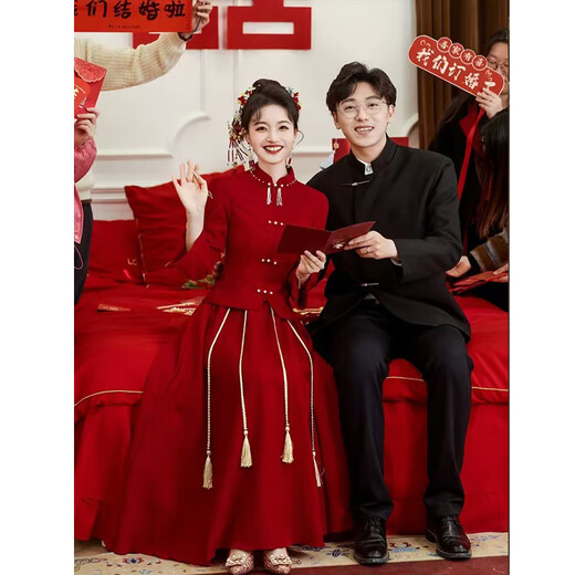 Seidler Toast Wear Bridal Cheongsam 2025 New Thickened Engagement Dress New Chinese Style Wedding Long Sleeve Women's Autumn and Winter Burgundy One Size Customized No Returns Available