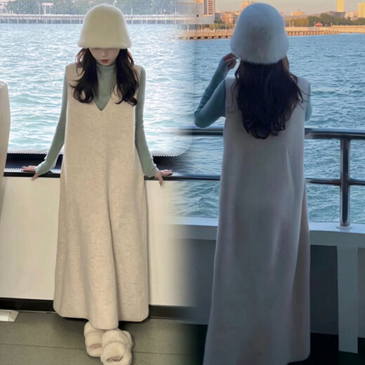 Mommy Ranqi Maternity Spring Dress Two-piece Set 2025 New Fashion Lazy Style Suit Knitted Vest Skirt Spring and Autumn Style Inner Top + Vest Dress (Set) L