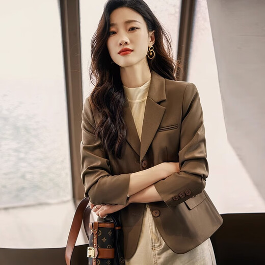 普妮姿咖色小西装外套女春秋2025新款休闲高级感小个子修身短款气质西服 689#咖啡色三粒扣西装 2XL