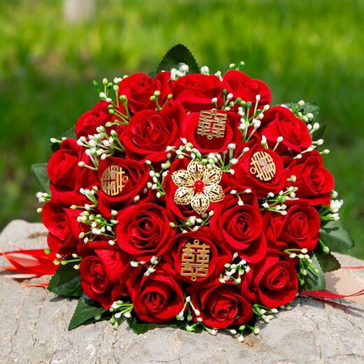米黛蕾手捧花结婚diy感 结婚捧花仿玫瑰花韩式婚礼花束婚纱照拍摄 24朵酒红