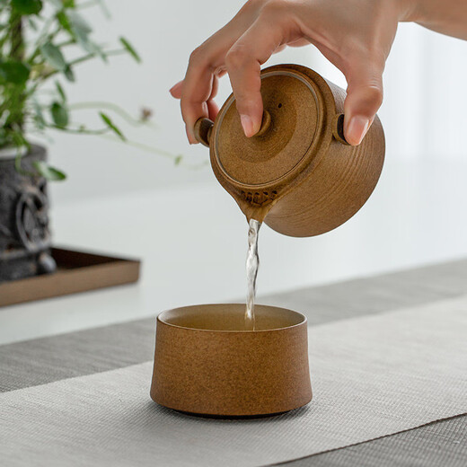 Wanqiantang (Edenus) Quick Cup High-end Tea Set Gift Stoneware Lazy Man Kung Fu One Pot and One Cup with Lid for Gifts Friendship between Gentlemen Yellow Sand Glaze + Black Iron Glaze 1 Pot 1 Cup 1 Cloth Bag